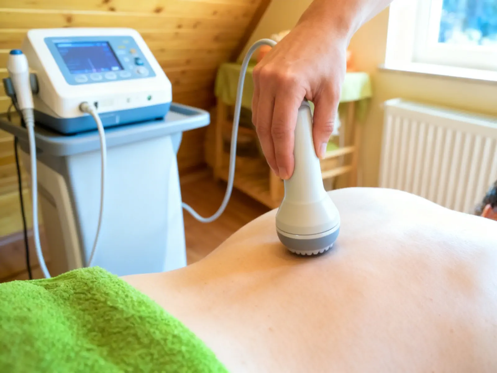 Hand führt Ultraschallgerät zur Therapie über Rücken eines Patienten. Im Hintergrund ein Behandlungsgerät auf einem Wagen. Kontext: Physiotherapie Schumacher & Hagen.